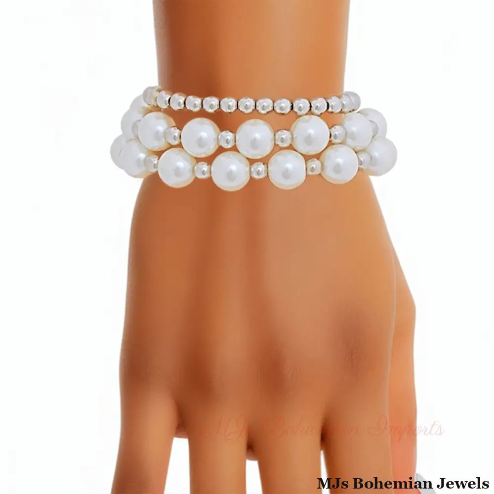 3 Strand White Pearl Silver Bracelets