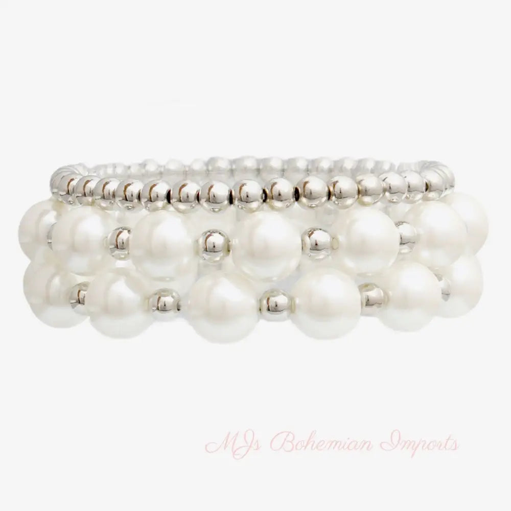 3 Strand White Pearl Silver Bracelets