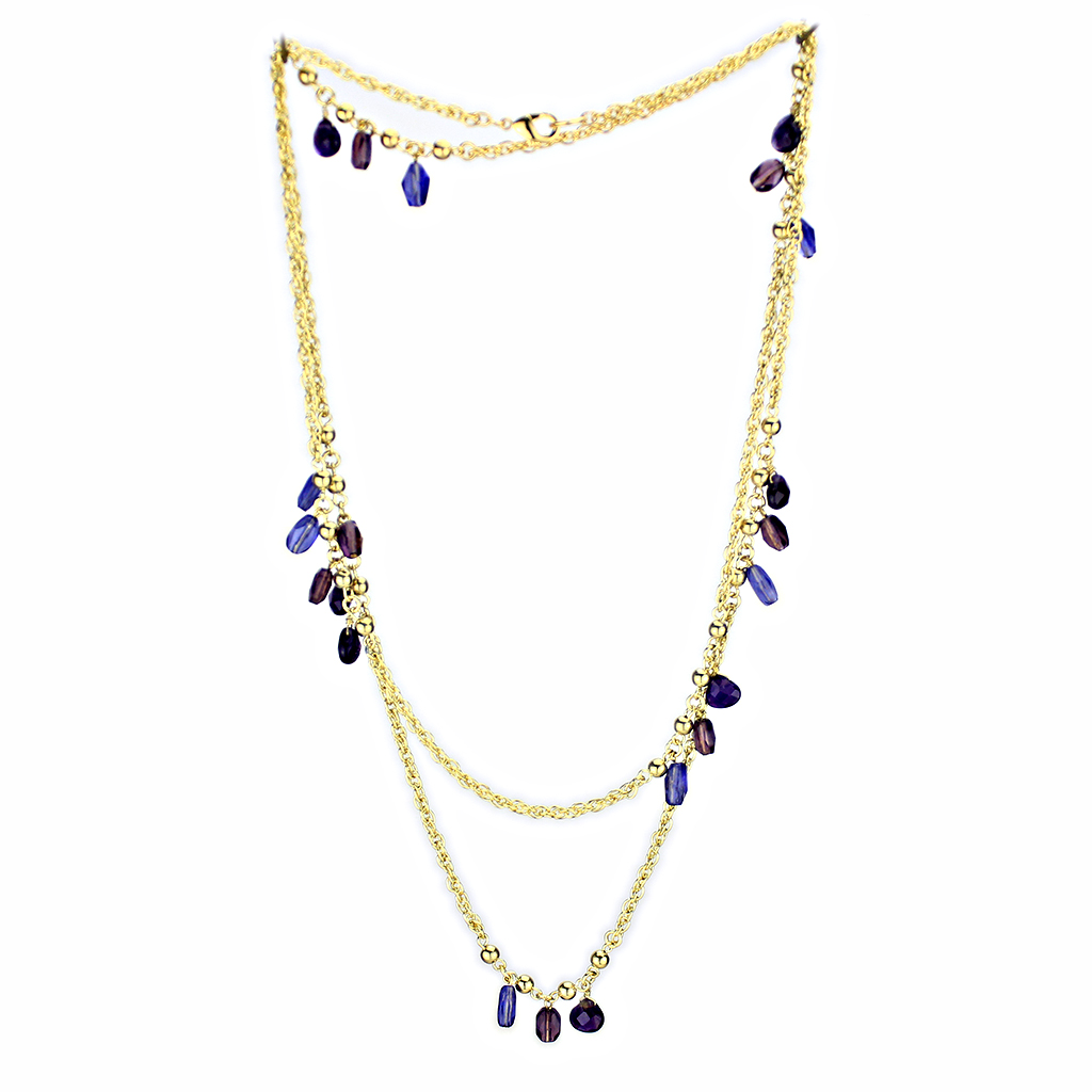 3W1538 - Gold Brass Necklace with Semi-Precious Amethyst Crystal in Amethyst