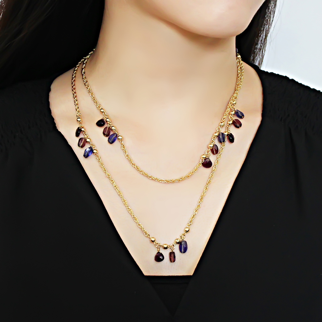 3W1538 - Gold Brass Necklace with Semi-Precious Amethyst Crystal in Amethyst