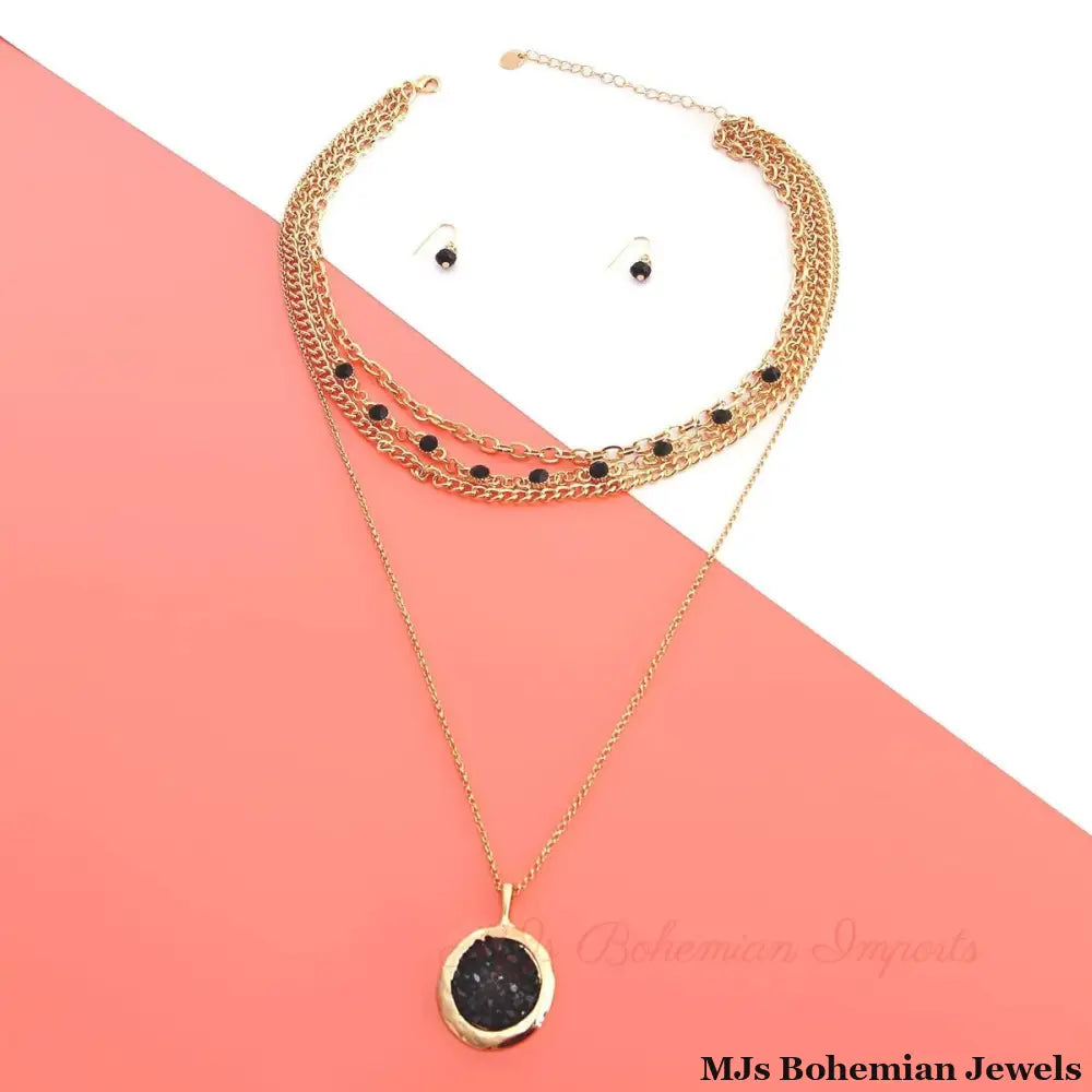 4 Strand Black Glass Necklace