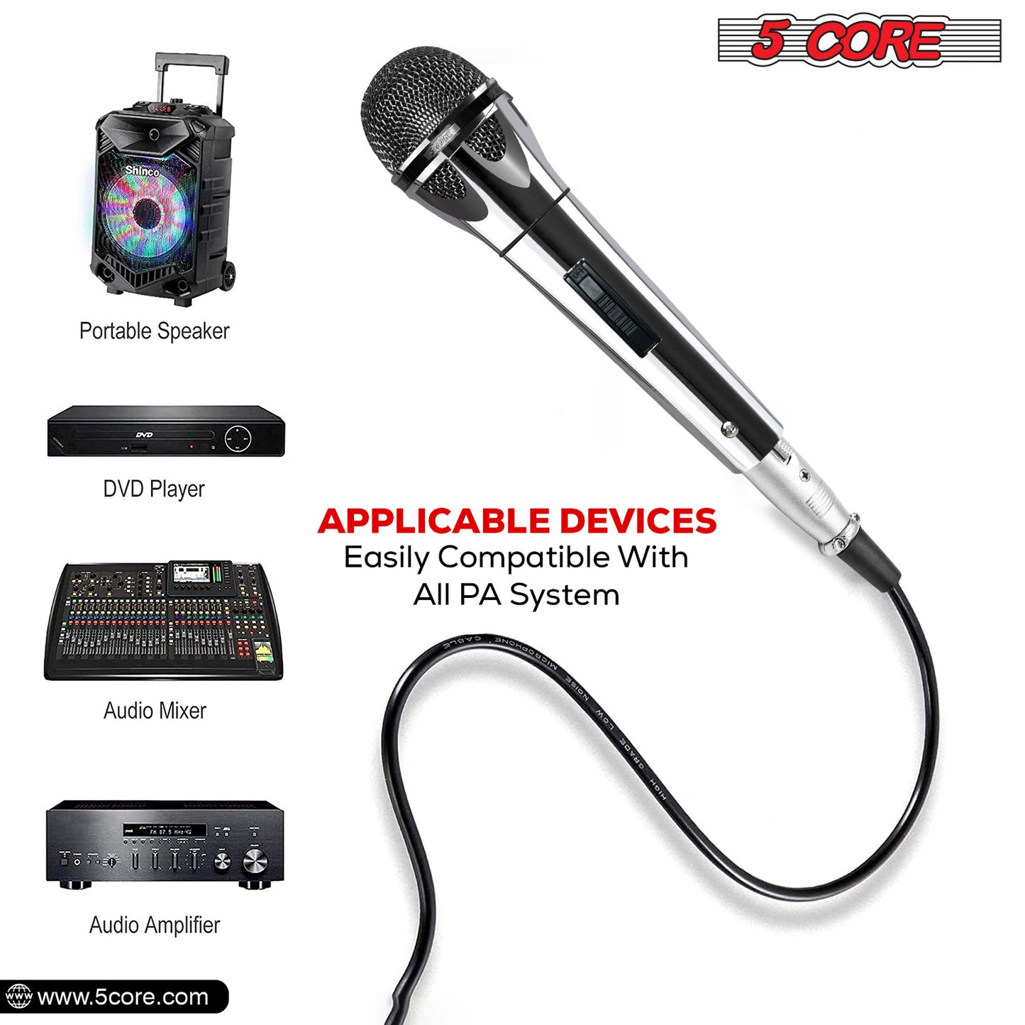 5 CORE Microphone Dynamic Vocal Handheld Mic Cardioid Unidirectional Microfono w On Off Switch + XLR Audio Cable for Singing Karaoke Public Speaking & Parties - PM 817 CH