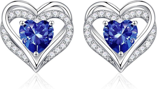 Women's Birthstone Earrings - 925 Sterling Silver Heart Stud Birthstone