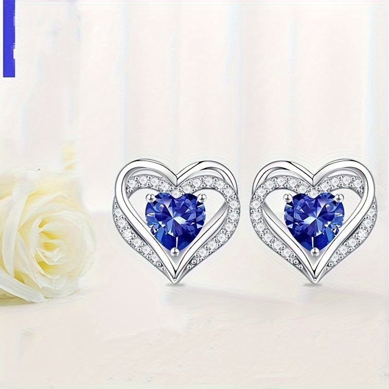 Women's Birthstone Earrings - 925 Sterling Silver Heart Stud Birthstone