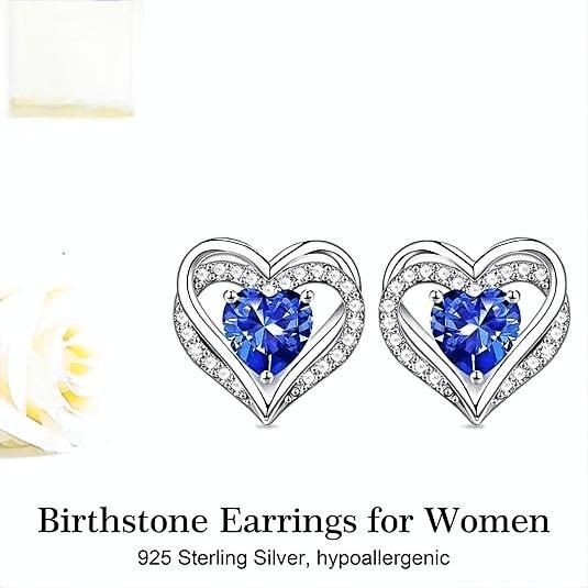 Women's Birthstone Earrings - 925 Sterling Silver Heart Stud Birthstone