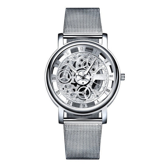 Mens Fashion Hollow Watches Stainless Steel Mesh Belt Skeleton Quartz Wrist Watch