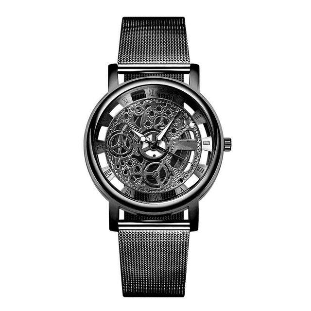 Mens Fashion Hollow Watches Stainless Steel Mesh Belt Skeleton Quartz Wrist Watch