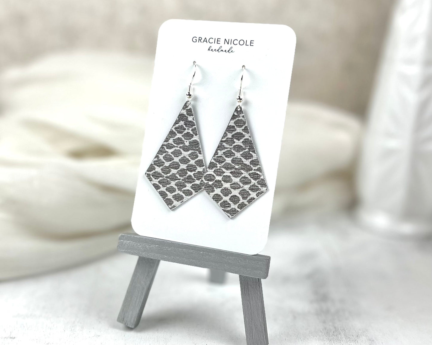 Elongated Diamond Silver Snakeskin Print Earrings
