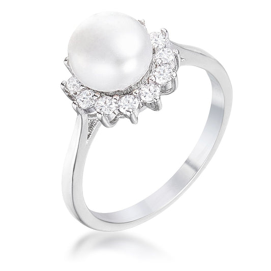 .36Ct Rhodium Plated Freshwater Pearl and CZ Halo Ring Size 8