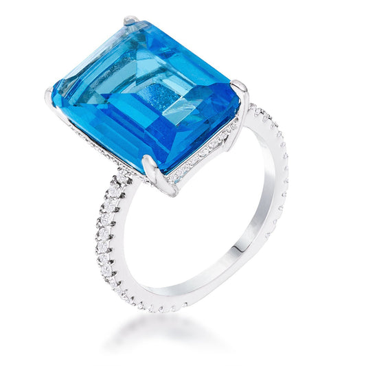 15Ct Rhodium Plated Aqua Blue Emerald Cut Pave Ring