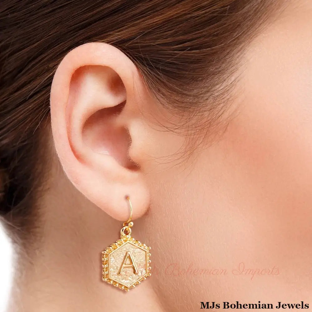 A Hexagon Initial Earrings