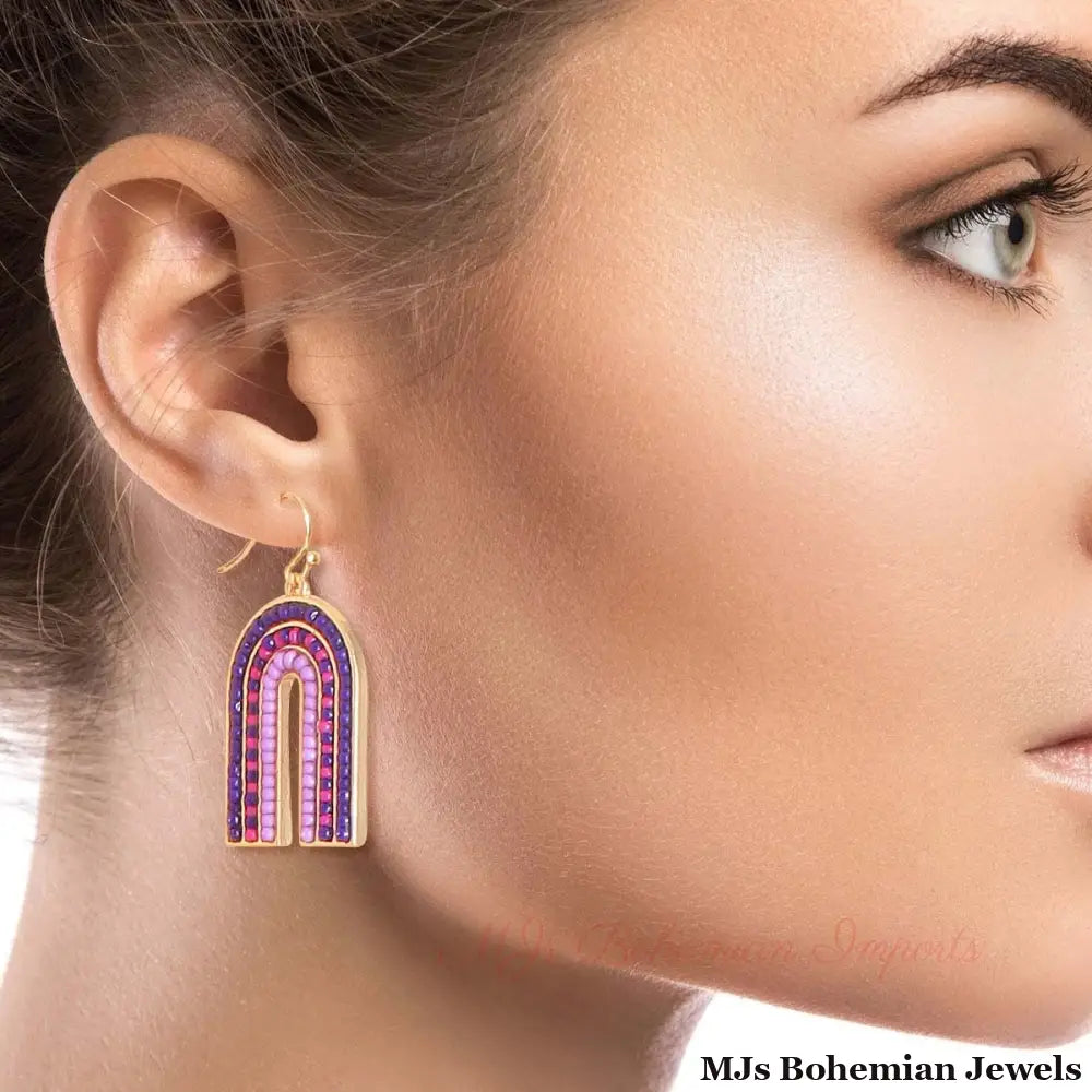 Arched Purple Bead Drop Earrings