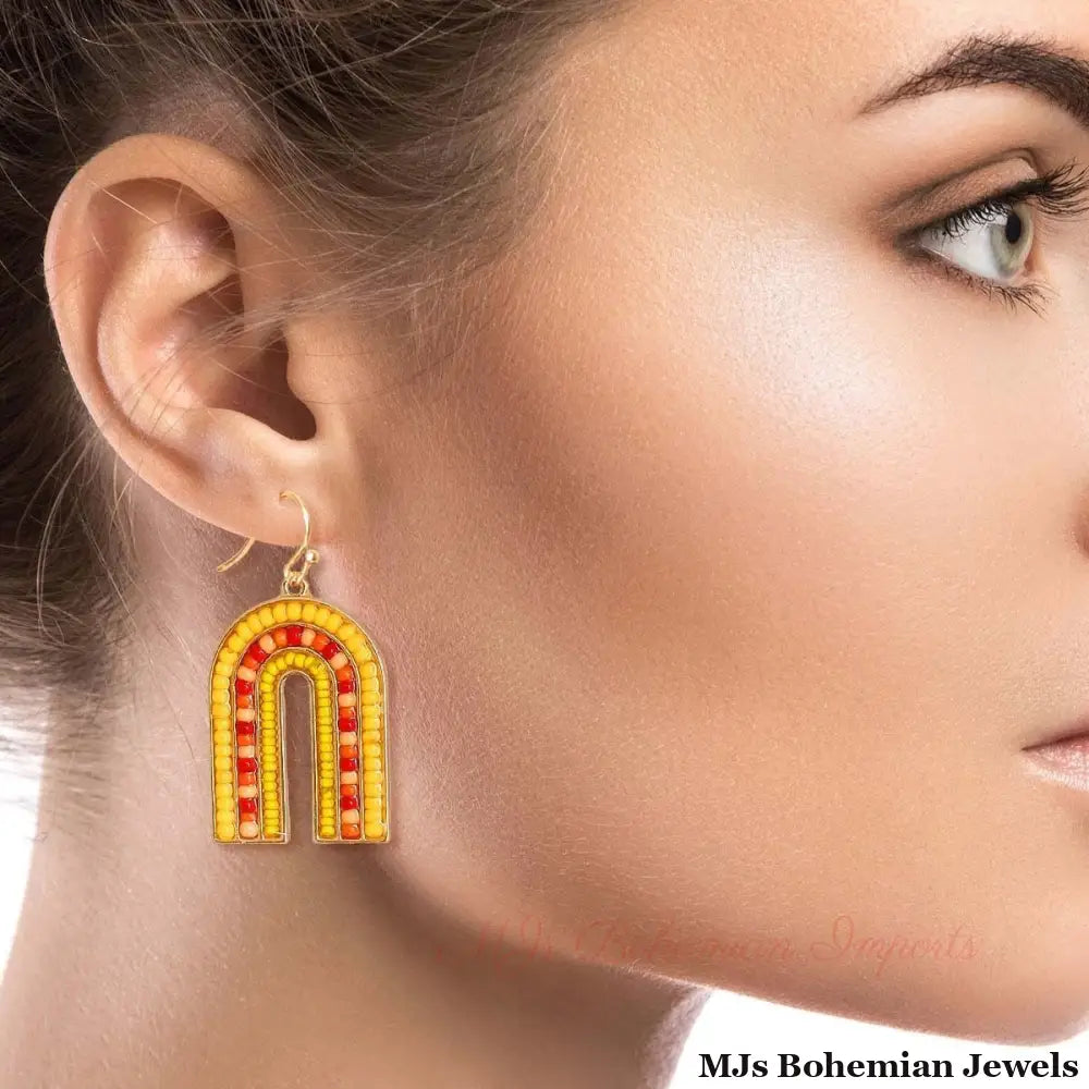 Arched Yellow Bead Drop Earrings