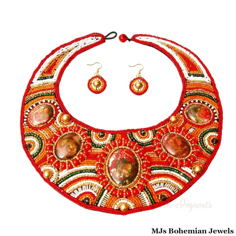 Bead Round Collar Bib Necklace Set - RW Orange