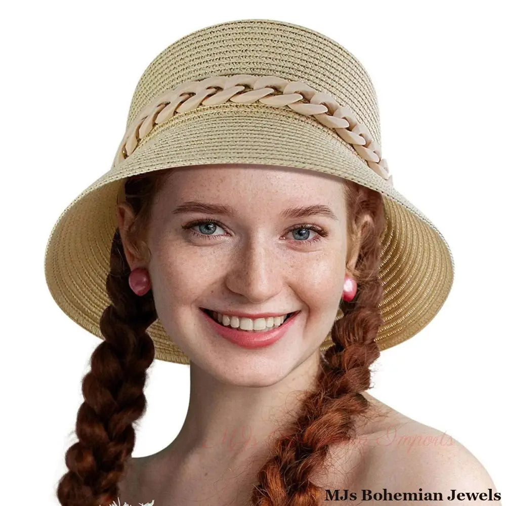 Beige Chain Straw Bucket Hat