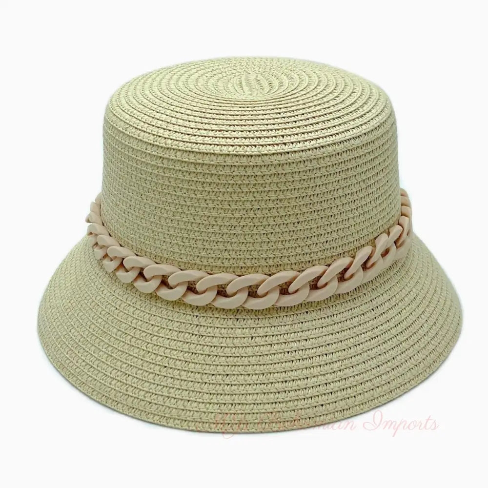 Beige Chain Straw Bucket Hat
