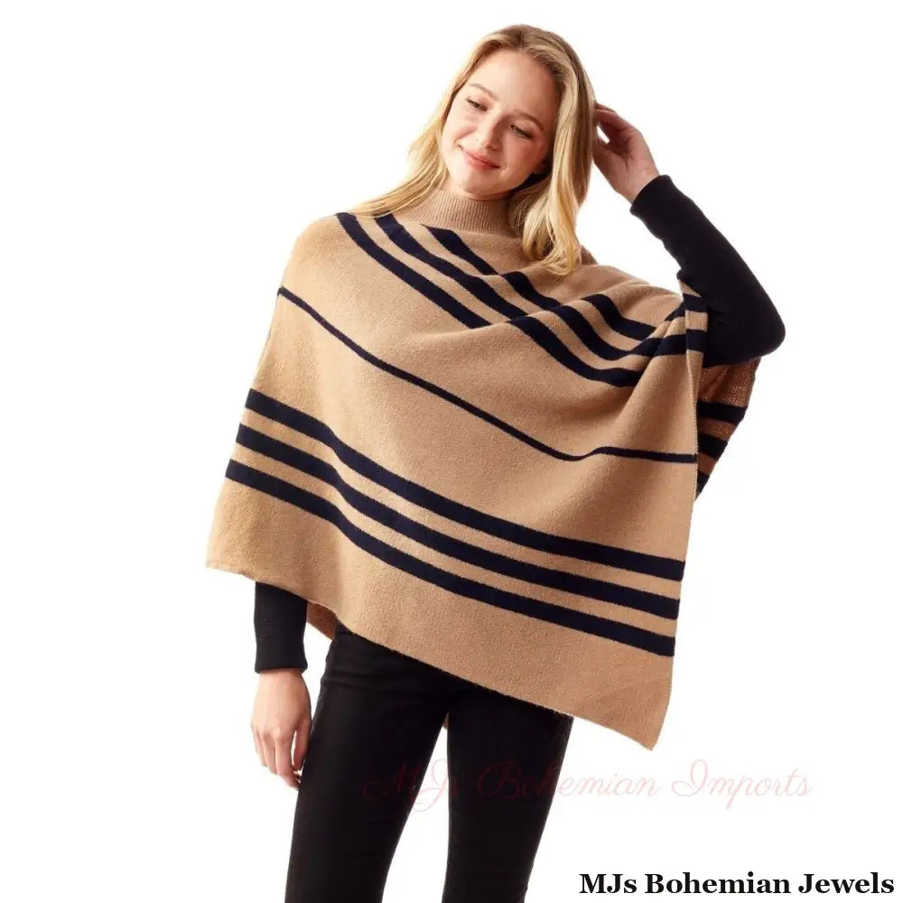 Beige Stripe Turtleneck Poncho