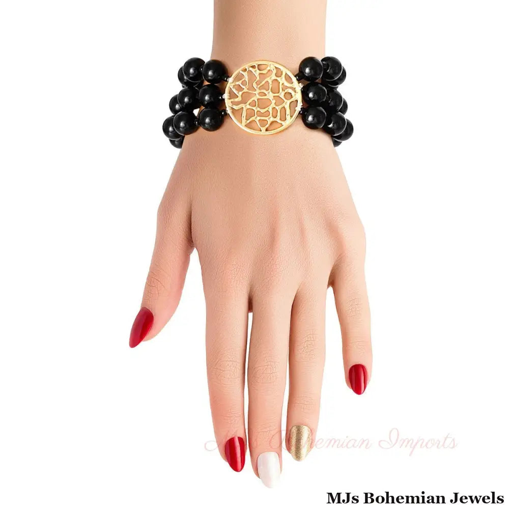 Black Bead Round Gold Bracelet