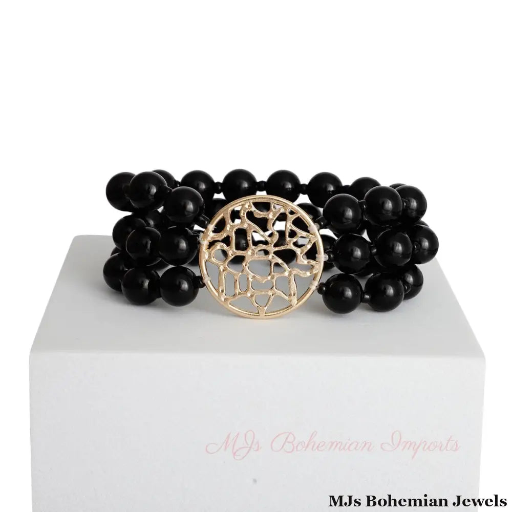 Black Bead Round Gold Bracelet