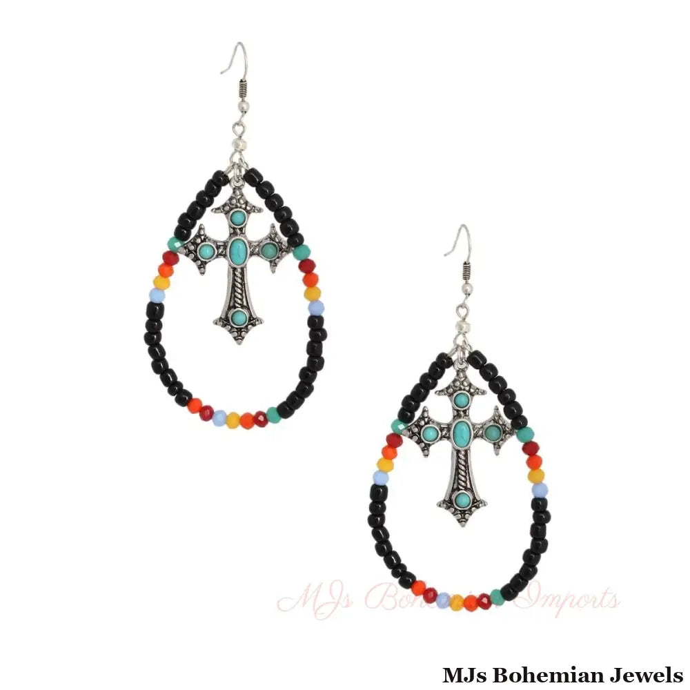 Black Bead Teardrop Cross Earrings