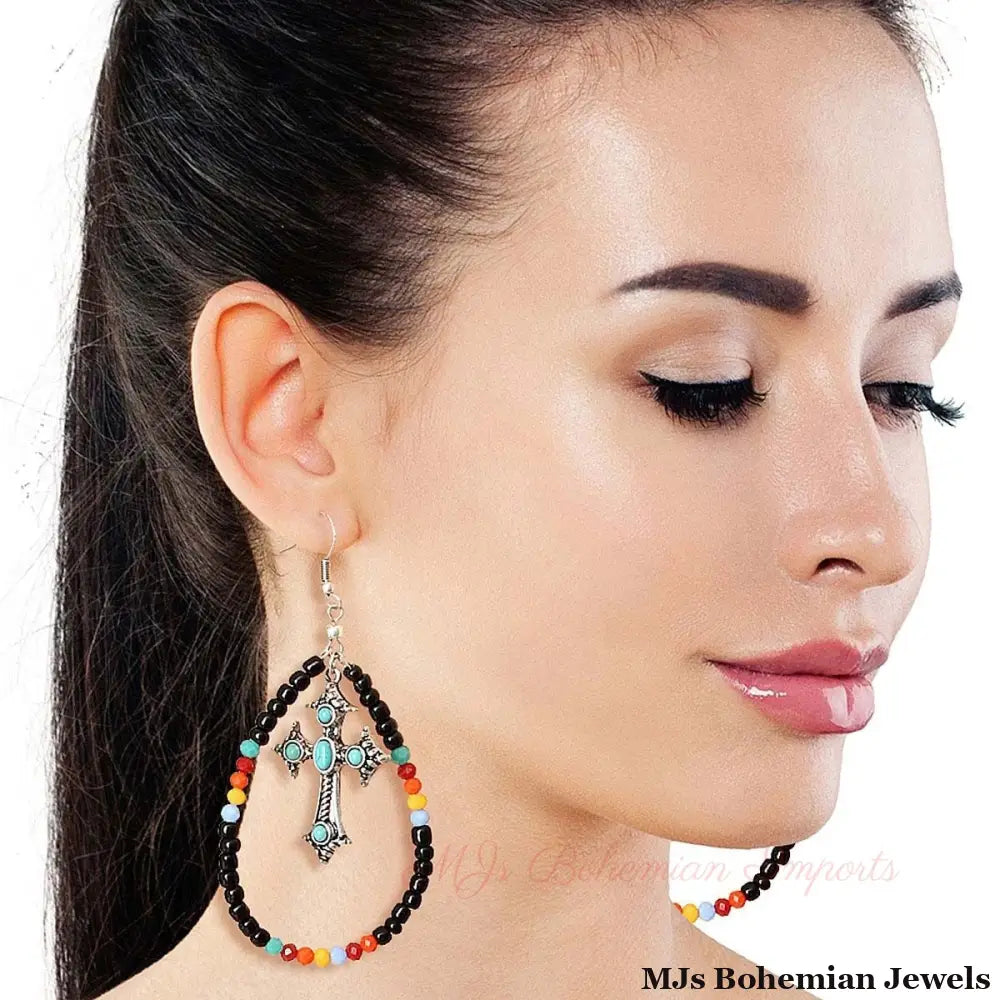 Black Bead Teardrop Cross Earrings