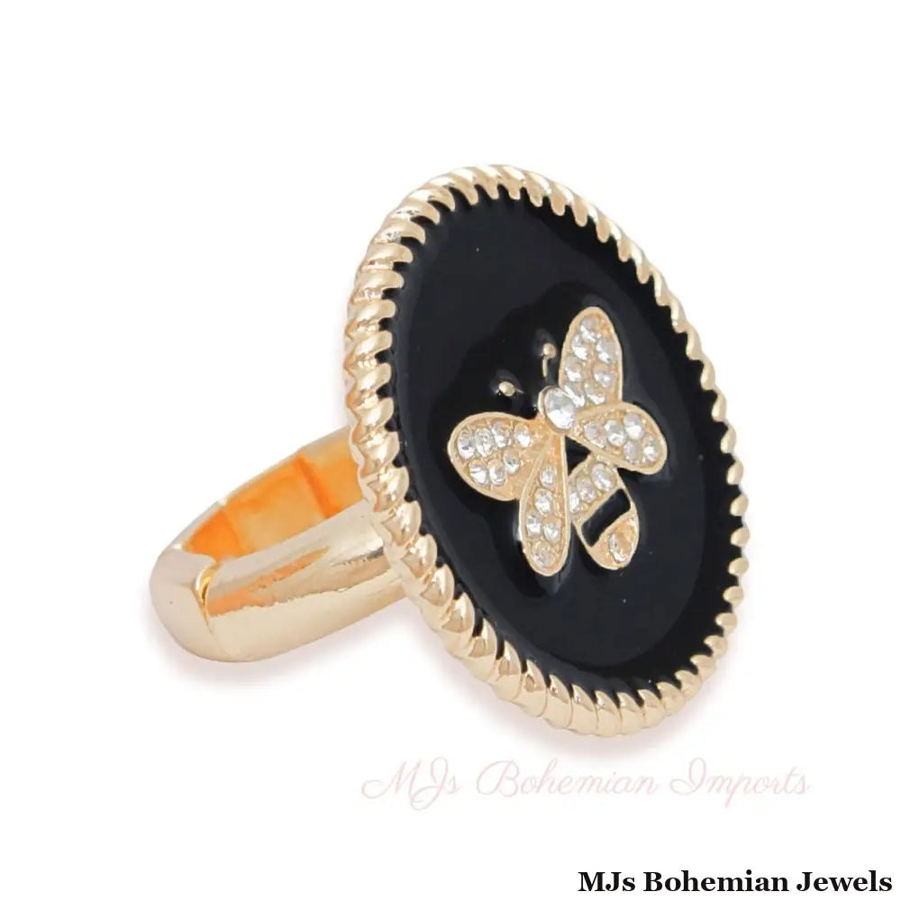 Black Bee Charm Gold Ring
