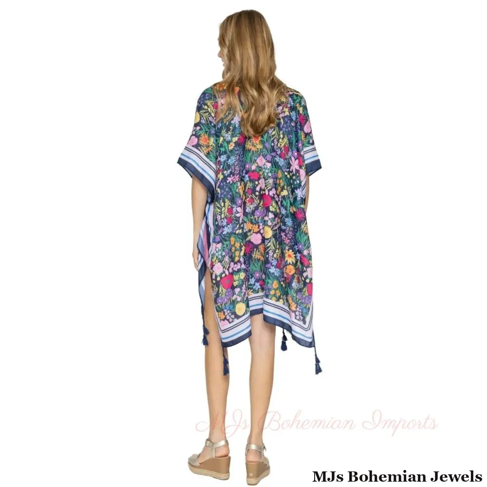 Black Border Floral Tassel Kimono