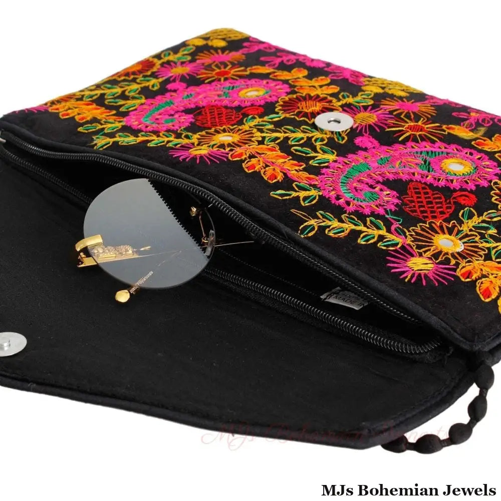 Black Embroidered Envelope Clutch