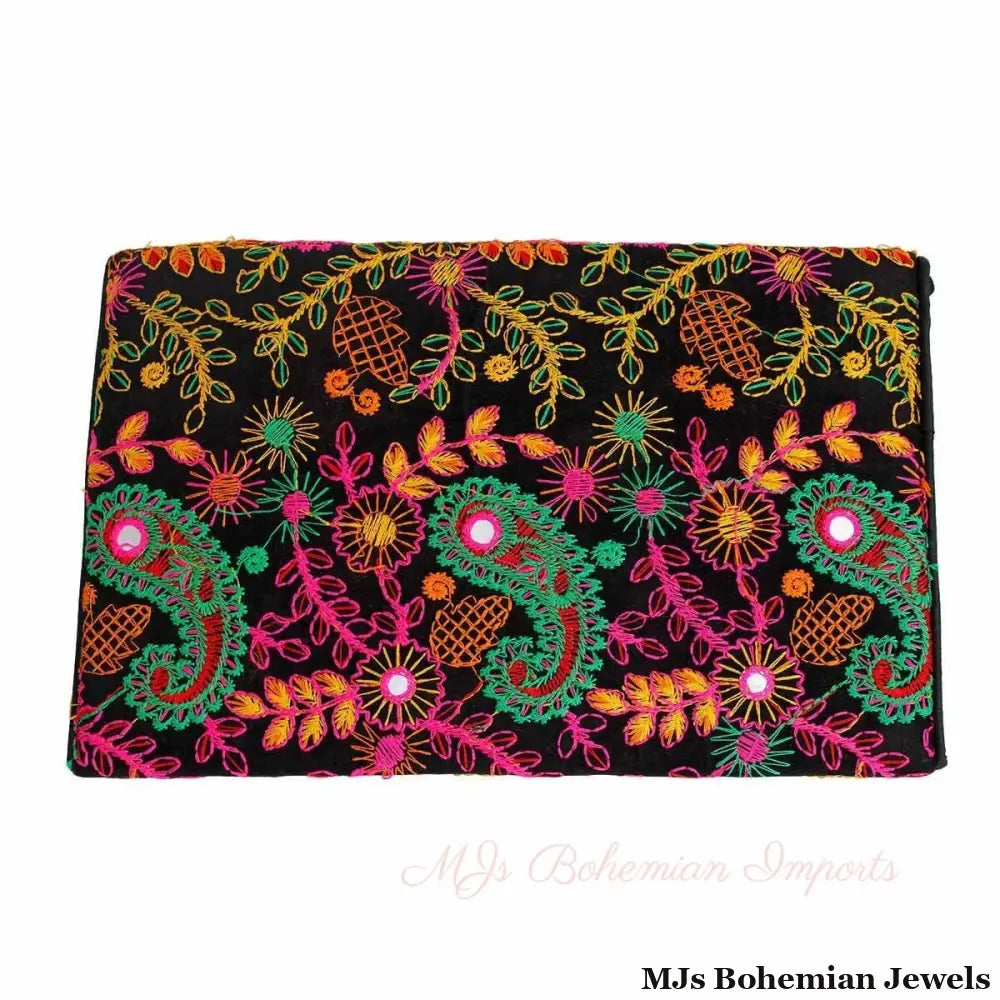Black Embroidered Envelope Clutch