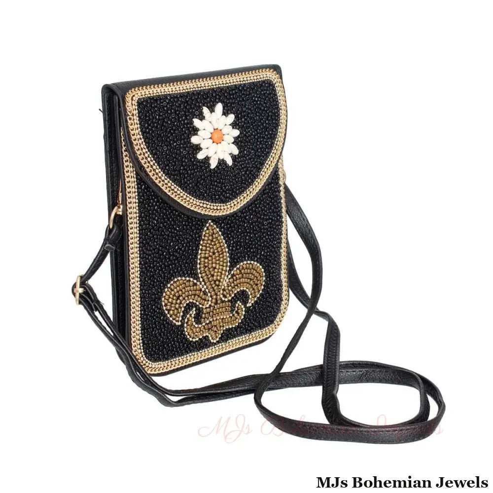 Black Fleur de Lis Beaded Phone Crossbody