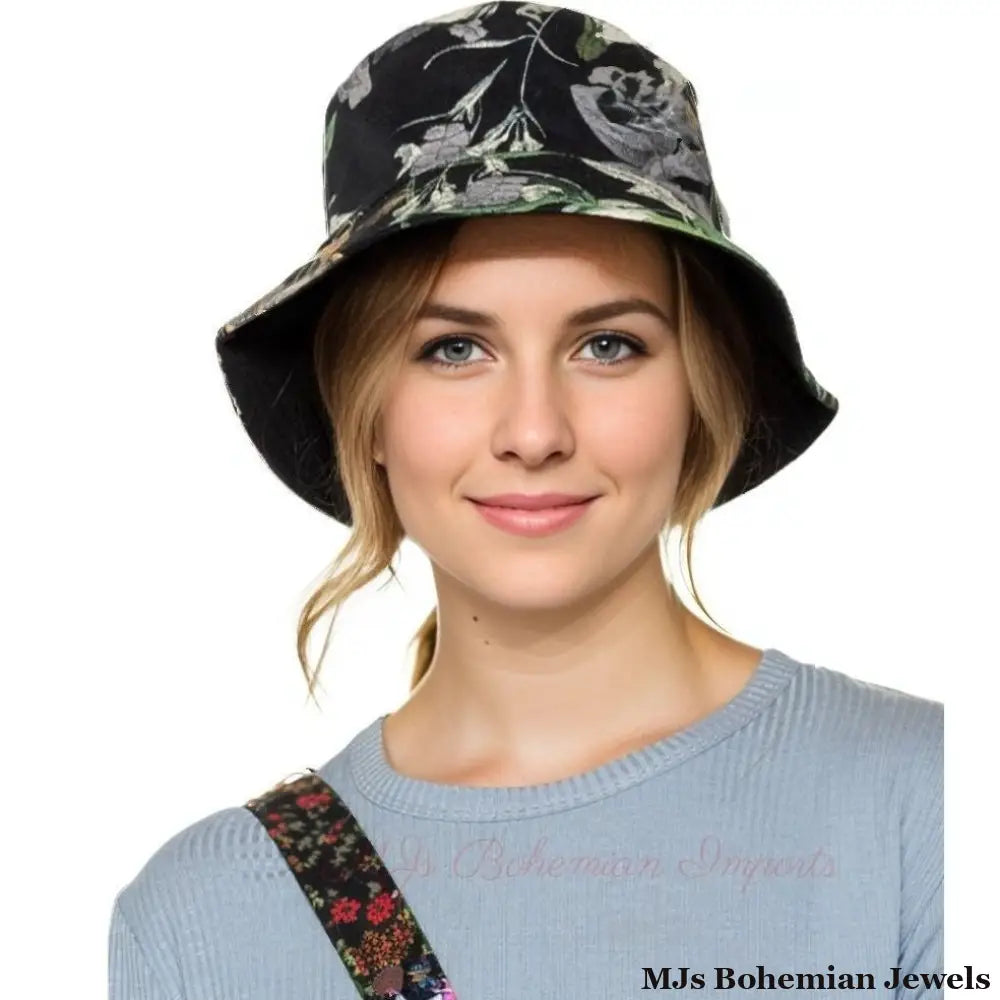 Black Floral Art Reversible Bucket Hat