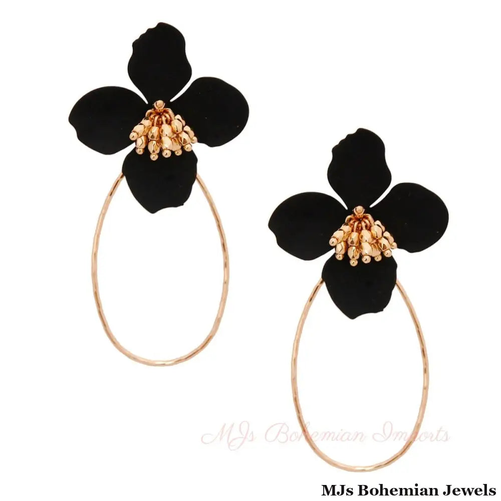 Black Flower Teardrop Hoops