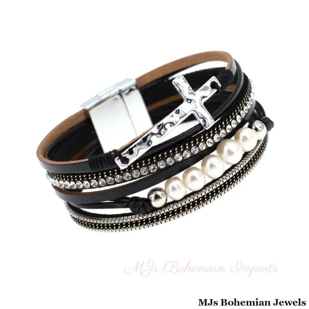 Black Freshwater Pearl Cross Bracelet