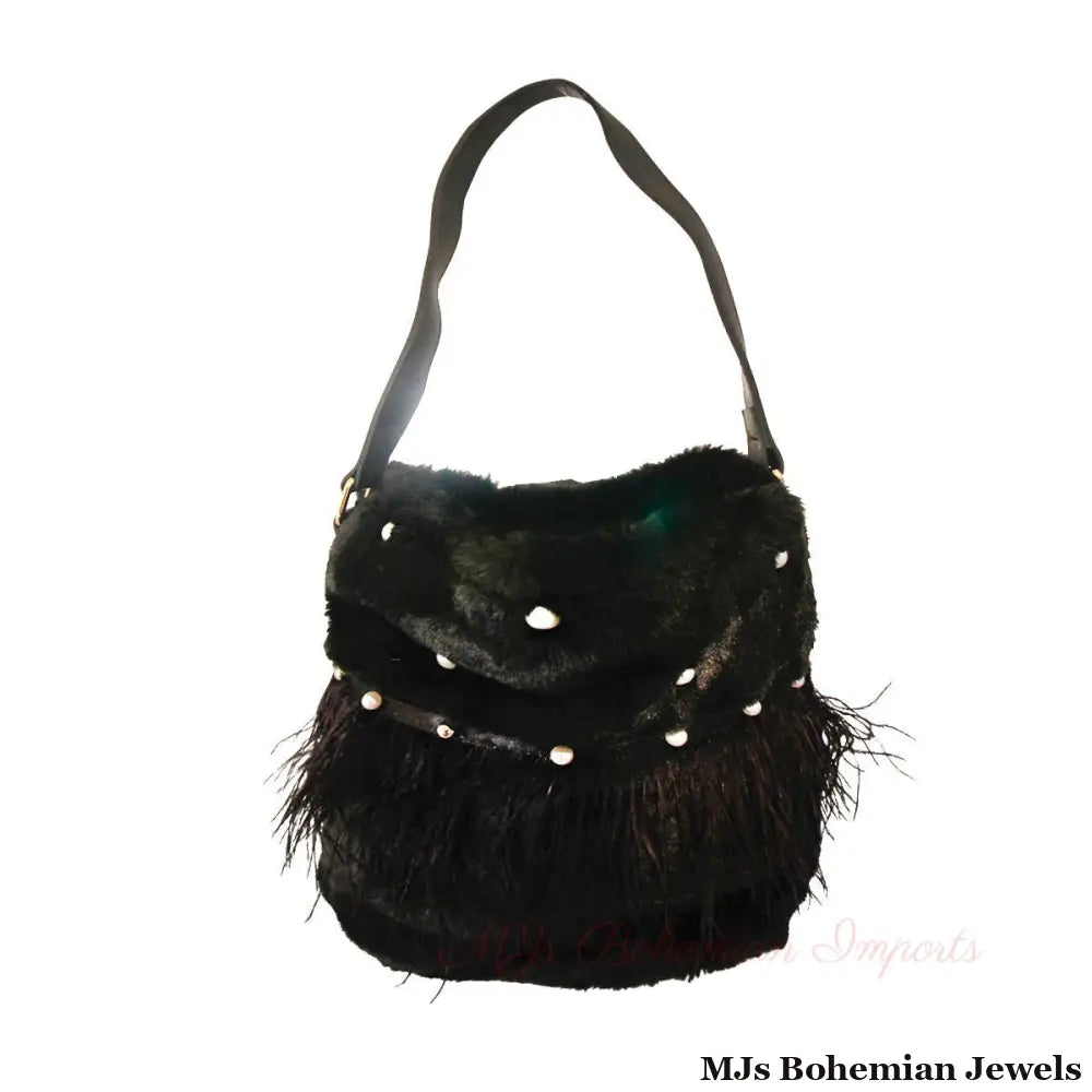 Black Fur Pearl Stud Bucket Bag