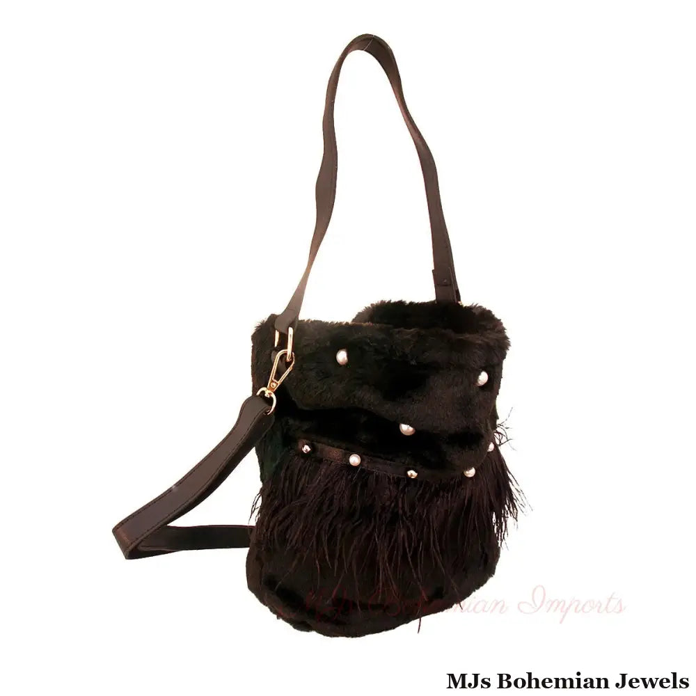 Black Fur Pearl Stud Bucket Bag