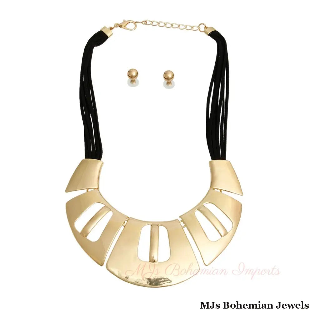 Black Leather Gold Collar Set