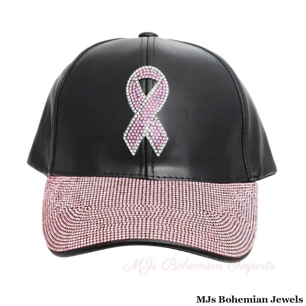 Black Leather Pink Ribbon Hat