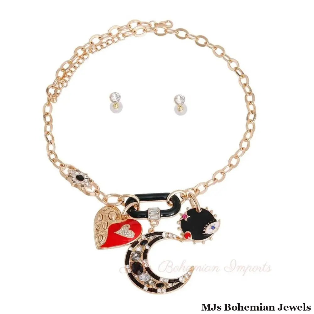 Black Moon and Heart Charm Chain