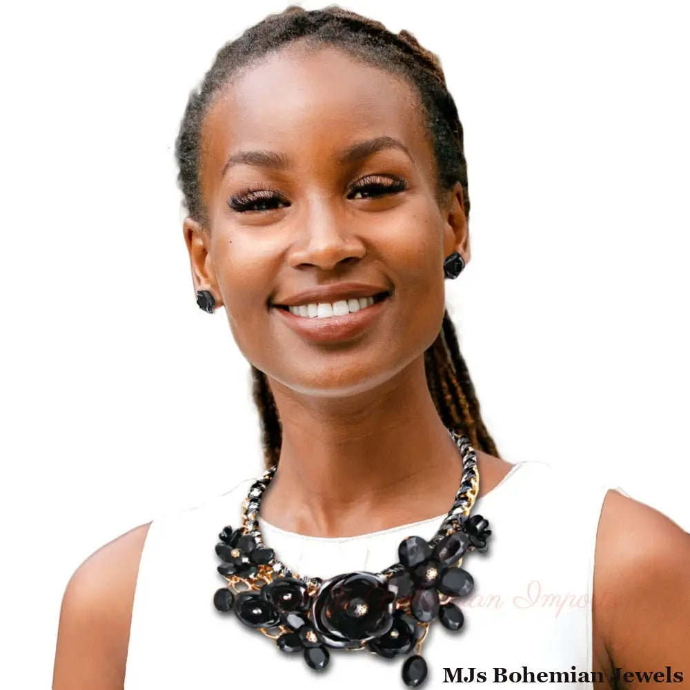 Black Rose Chunky Collar Gold Necklace