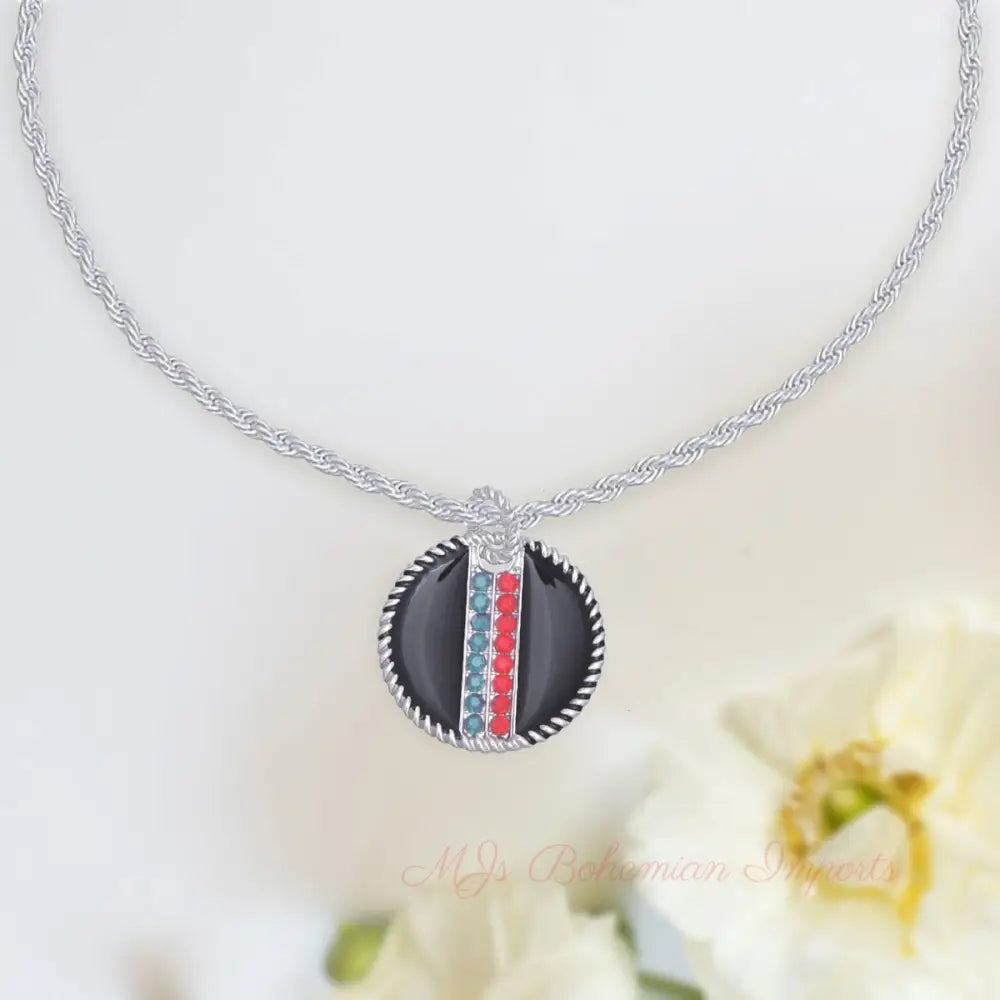 Black Stripe Pendant Silver Twisted Chain