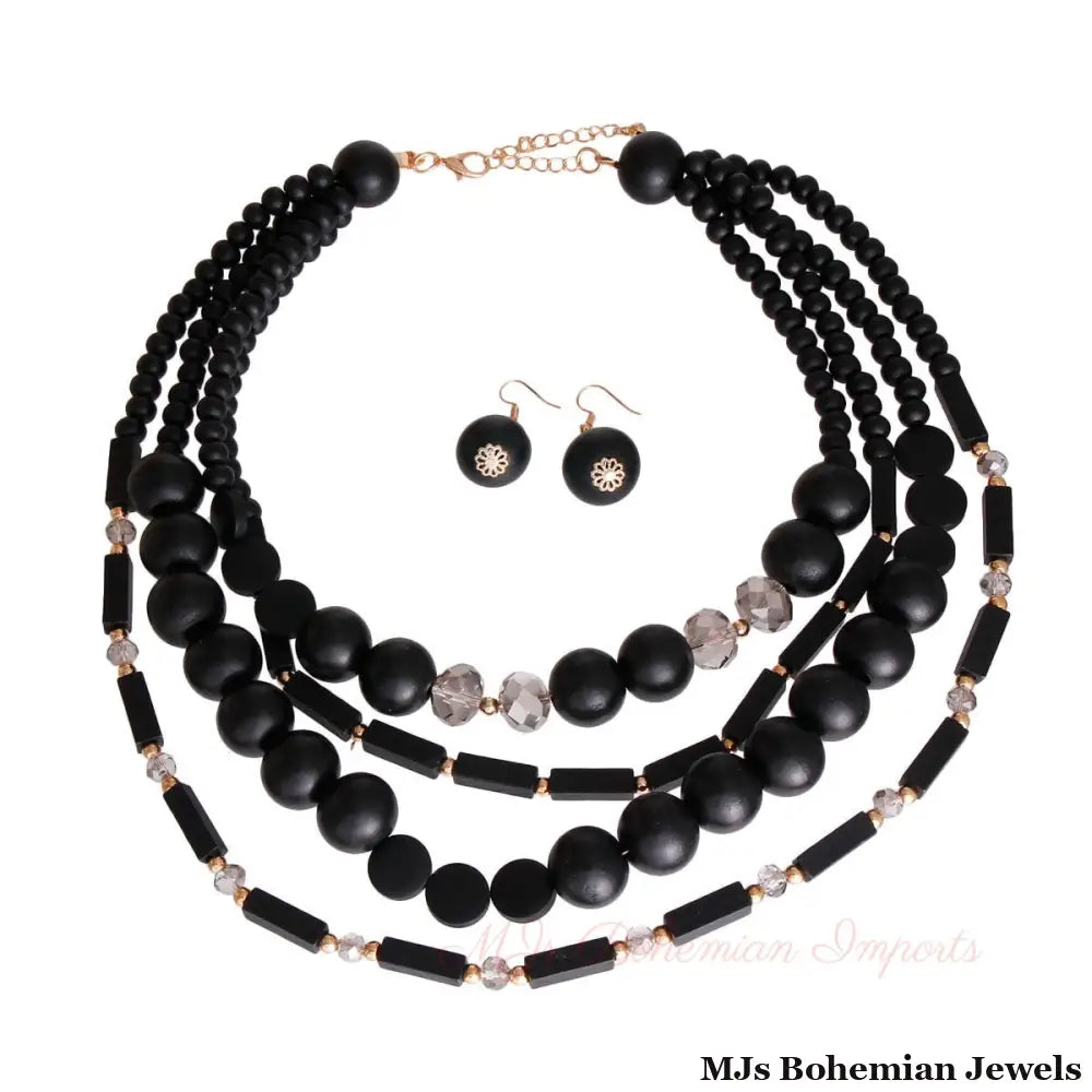 Black Wooden Bead 4 Strand Necklace
