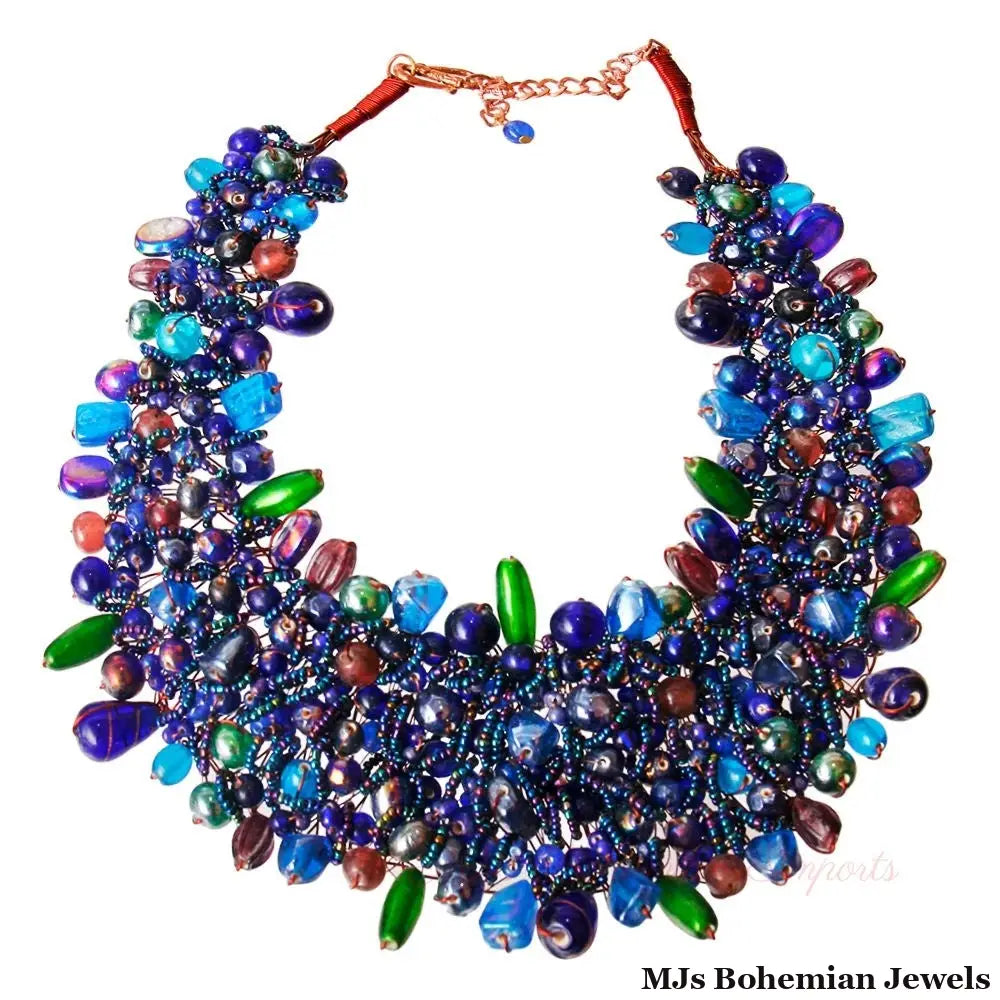 Blue Bead and Copper Bib Necklace