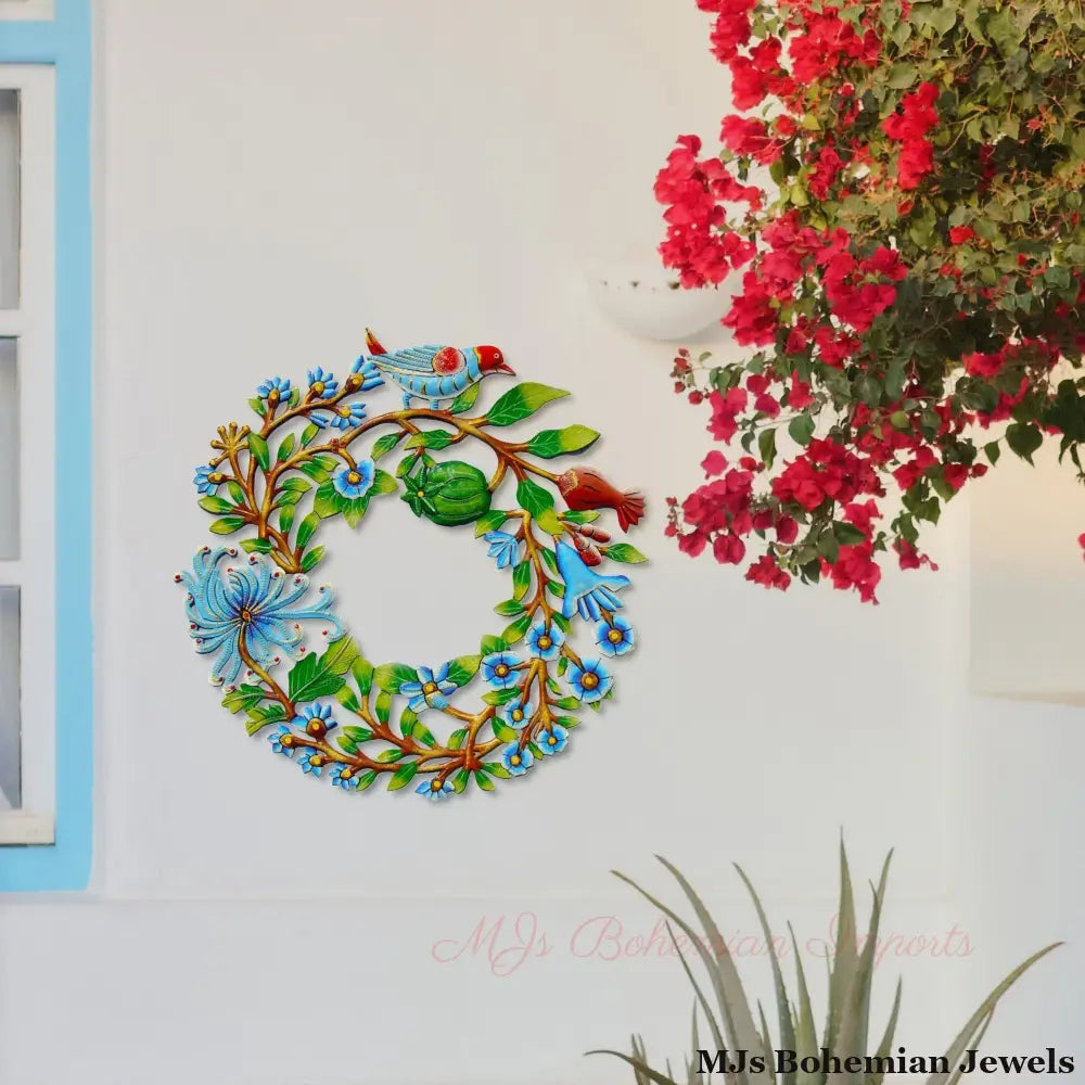 Blue Bird Door Wreath Haitian Metal Drum Wall Art