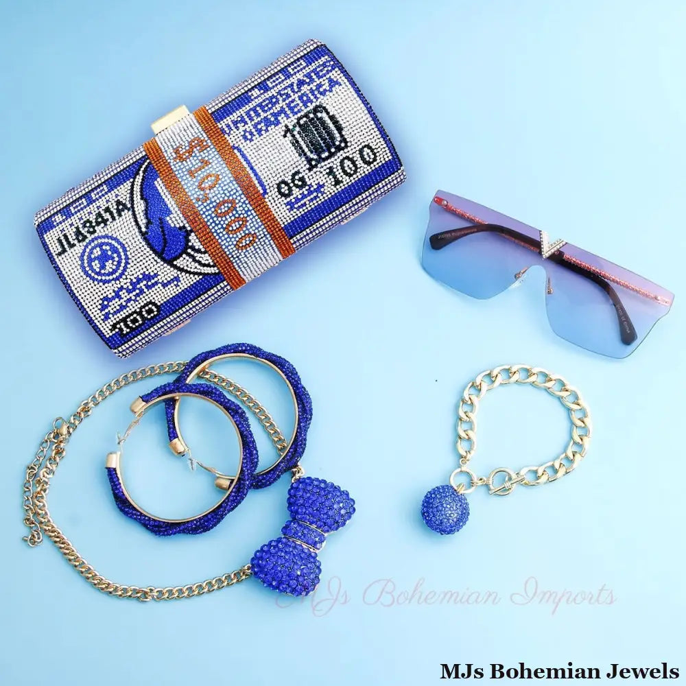 Blue Bling Rolled Benjamins Clutch
