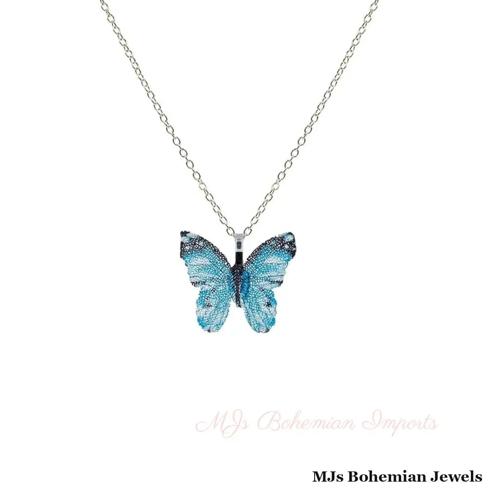 Blue Dipped Real Leaf Butterfly Necklace