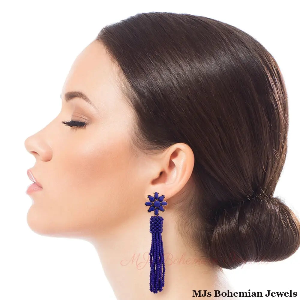 Blue Flower Seed Bead Earrings