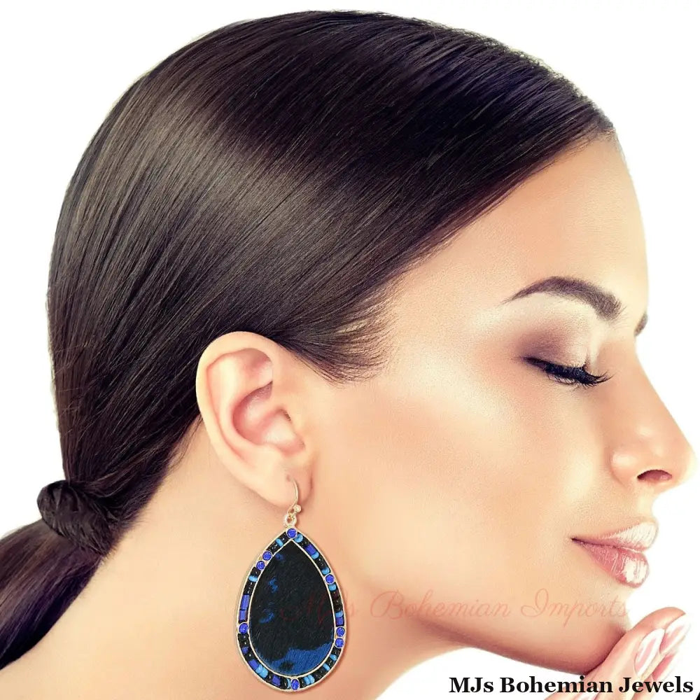 Blue Genuine Leather Bead Earrings