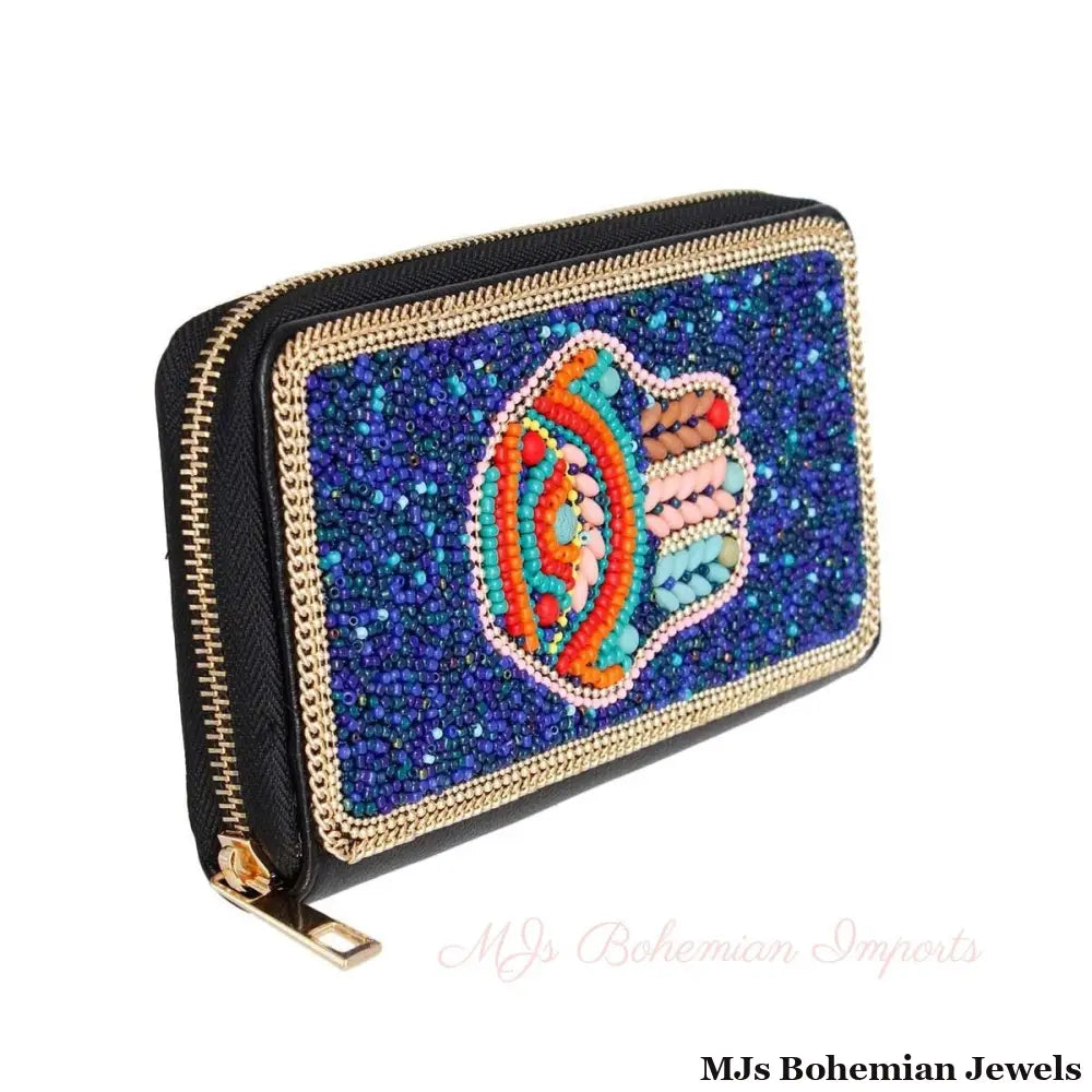 Blue Hamsa Beaded Wallet