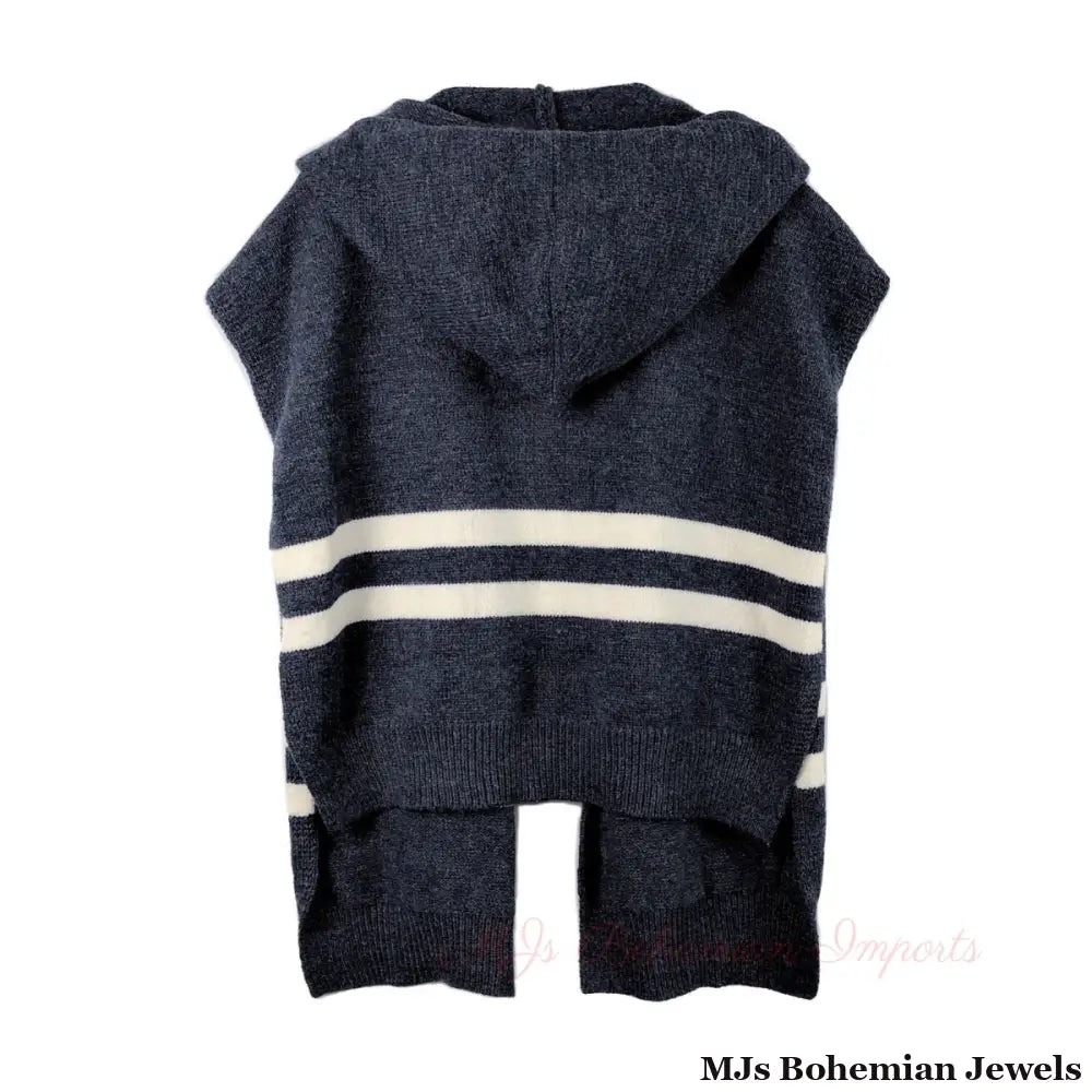 Blue Hooded Stripe Knit Kimono