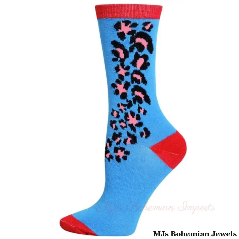 Blue Red Cheetah Crew Socks